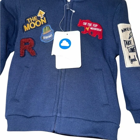 Mayoral Navy Zip Hoodie Colorful Patches Sz 12m moon mountains outdoor NWT - Picture 3 of 5